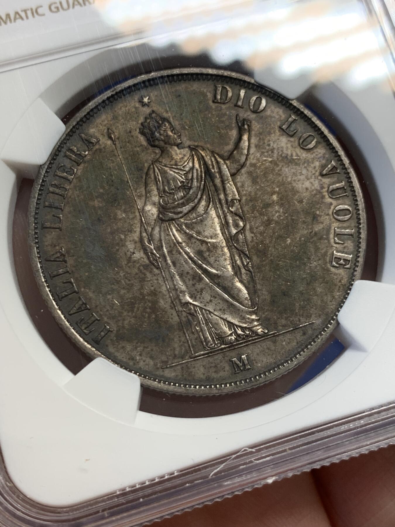 《竞宝斋》第436场 周日，周一2场连拍 （全场包邮） NGC UNCD 意大利1848年伦巴第5里拉大银币 革命临时政府 持矛女神 意系热门品种 仅发行了1年 铸量12万枚。