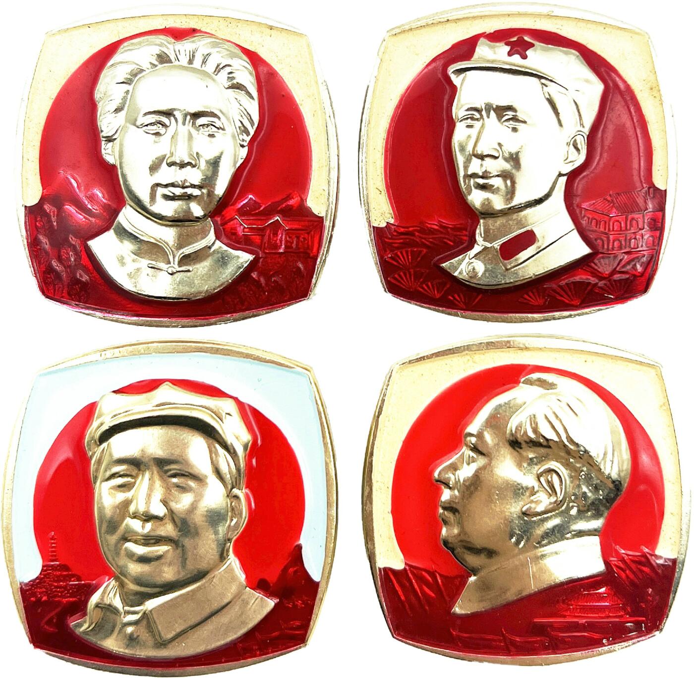 2025年伟人像章秋季专场拍卖会 蓝、黄双色金像 正面 侧面像 异形套章 红太阳 八角帽 革命圣地 四枚 3.68cm×3.68cm×4