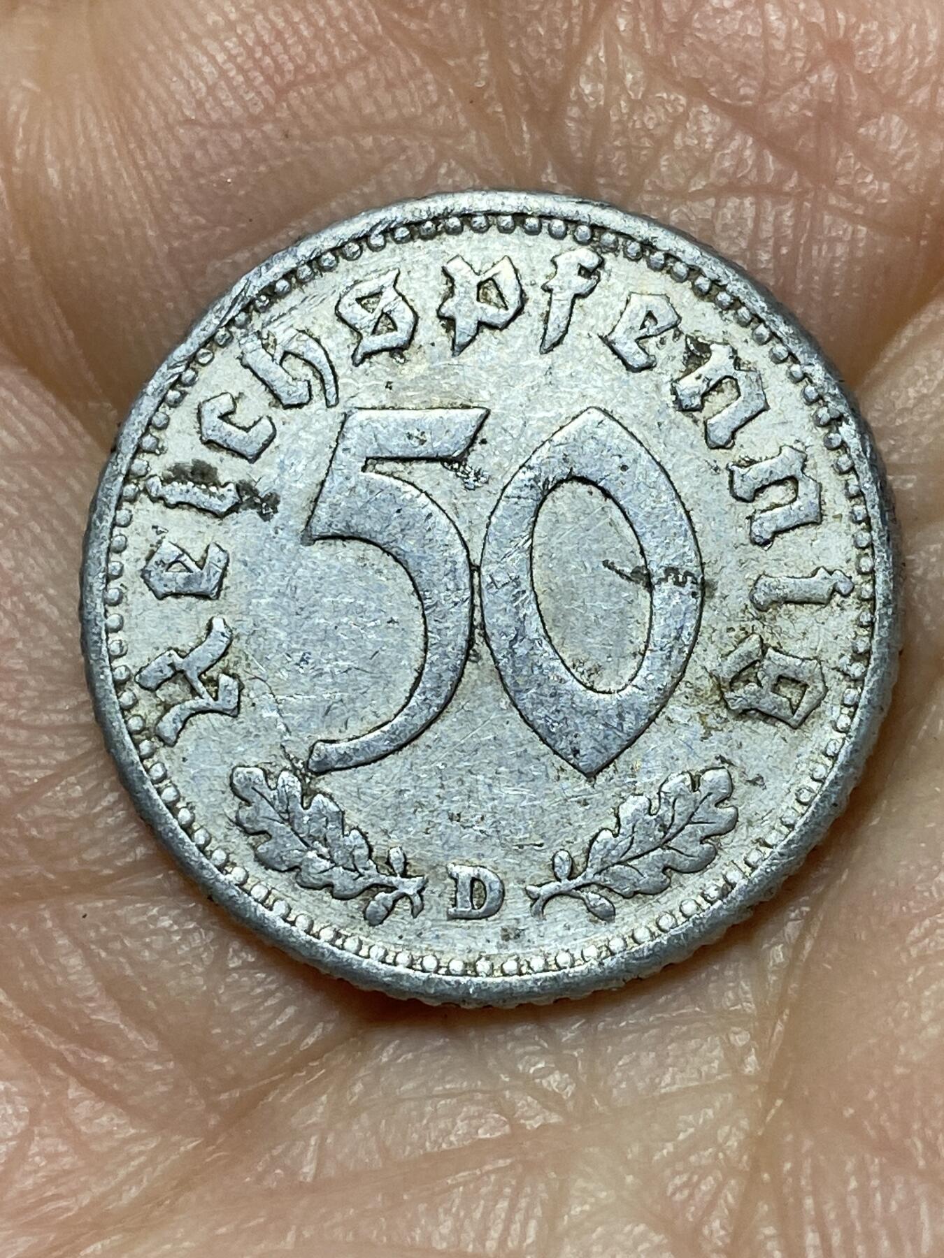 2025年第一百二十六场(总第一百五十二场）外国好品散币(免佣金) 少见–德意志第三帝国1943年50芬尼(D标，慕尼黑造)