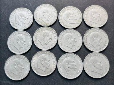 文馨钱币收藏第 280 场， 长期接收代拍品 - 好品 1961-1969 年丹麦佛雷德里克九世时期 第三版 1 克朗 12 枚
