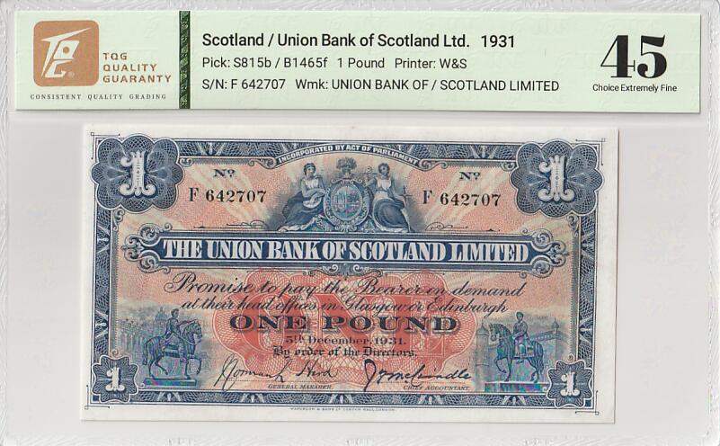 2025十一月第三期，总201期 苏格兰联合银行1931年1镑TQG45分，作为已经消失的银行在战前发行的稀有品种，银行徽章和骑马像
