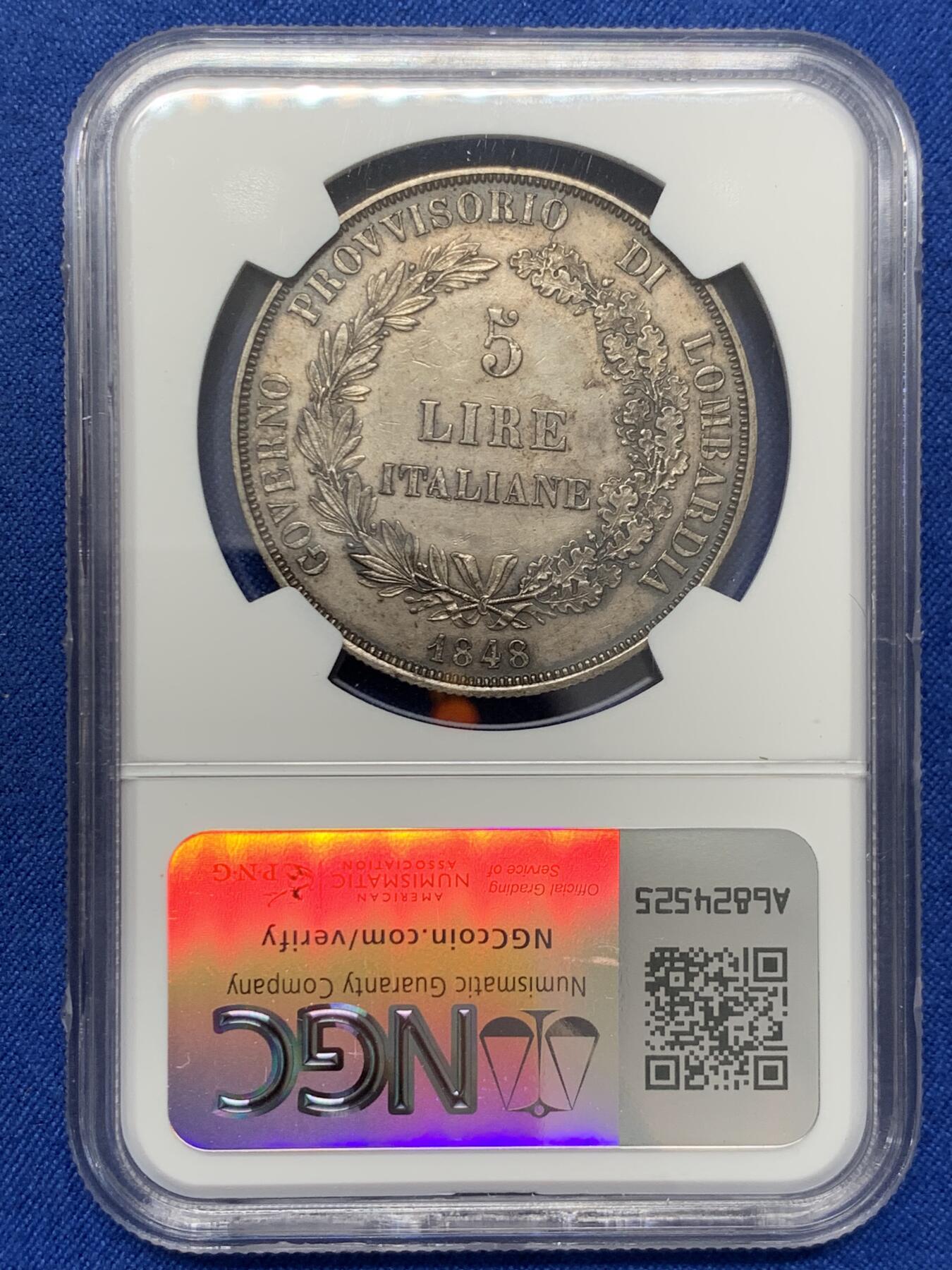 《竞宝斋》第436场 周日，周一2场连拍 （全场包邮） NGC UNCD 意大利1848年伦巴第5里拉大银币 革命临时政府 持矛女神 意系热门品种 仅发行了1年 铸量12万枚。