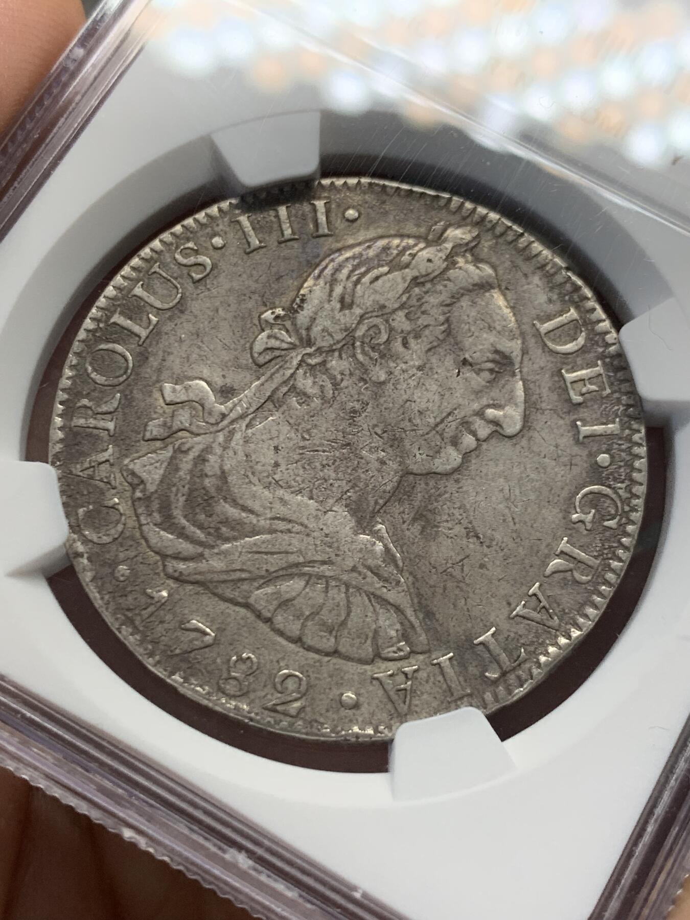 《竞宝斋》第436场 周日，周一2场连拍 （全场包邮） NGC XFD 西属墨西哥 1782年 8里亚尔 卡洛斯三世MO FF版双柱大银币 打制的很好 品相佳