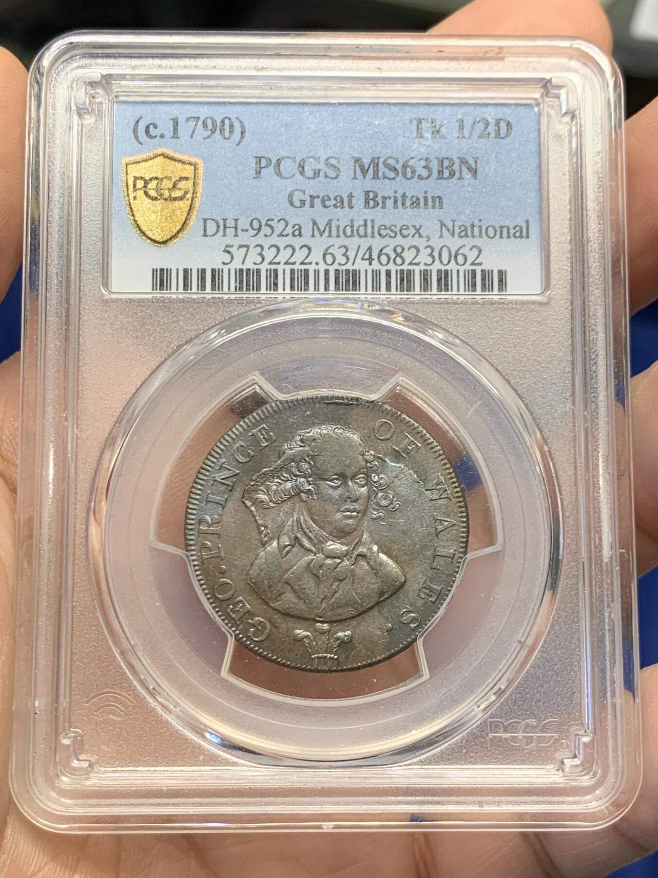 《竞宝斋》第436场 周日，周一2场连拍 （全场包邮） PCGS MS63BN 英国1790年 乔治四世-威尔士亲王1/2便士，背面是代表王储的盾徽，双面靛紫色包浆特别漂亮。Middlesex 区域使用。非常少见。