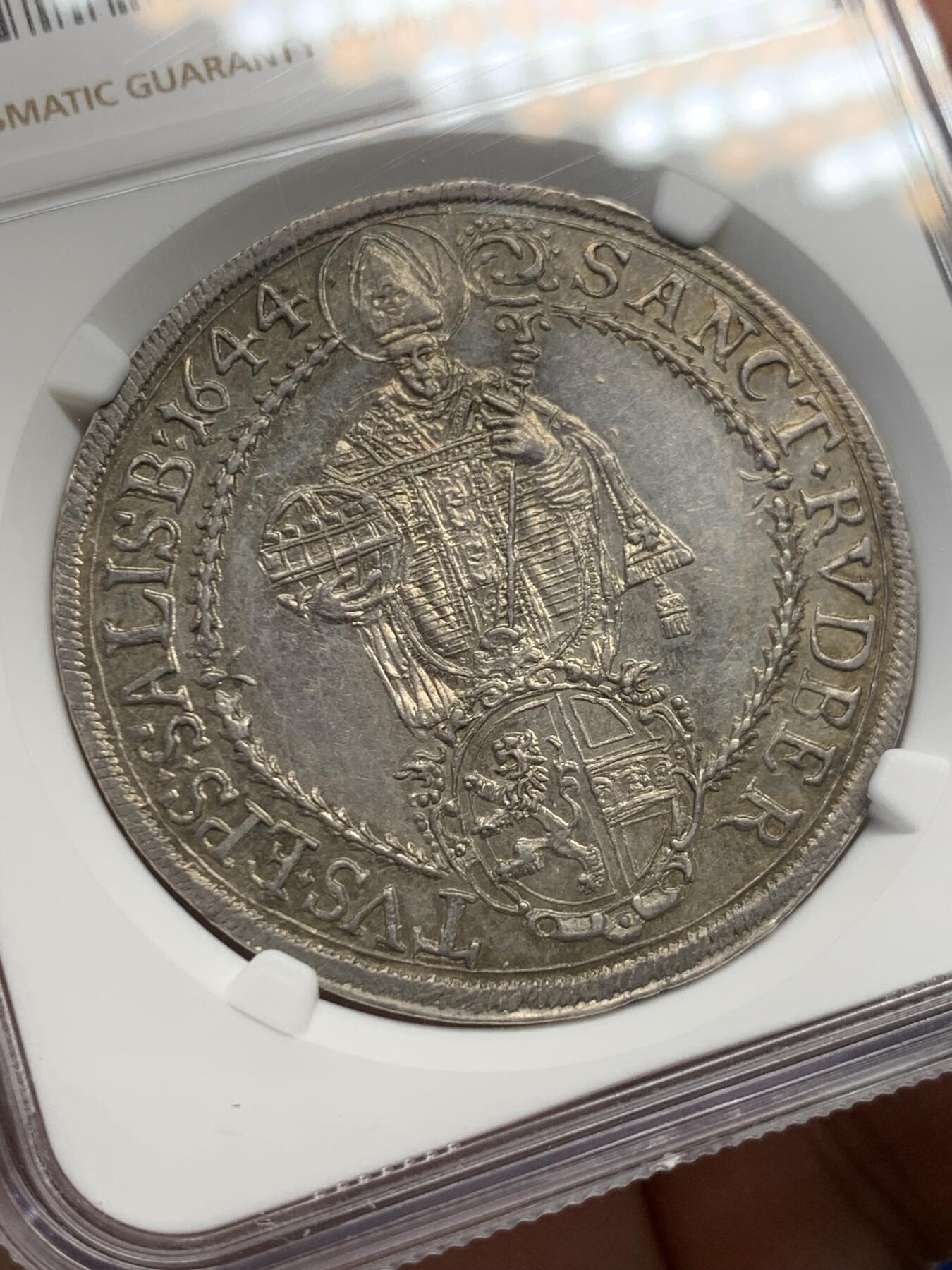 《竞宝斋》第436场 周日，周一2场连拍 （全场包邮） 唯一亚军分 NGC MS61 神圣罗马帝国 1644年 萨尔茨堡抱婴泰勒大银币 深打 反正面人物全脸 包浆也同样漂亮