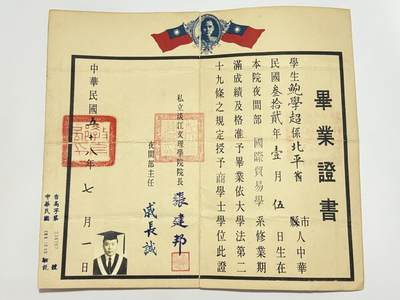 韵星假日精品2025秋季军品类拍卖会-- Rimey Holidays Boutique 2025 Autumn Militaria Sale - 航空货运公会理事长鲍学超旧藏，私立淡江文理大学毕业证