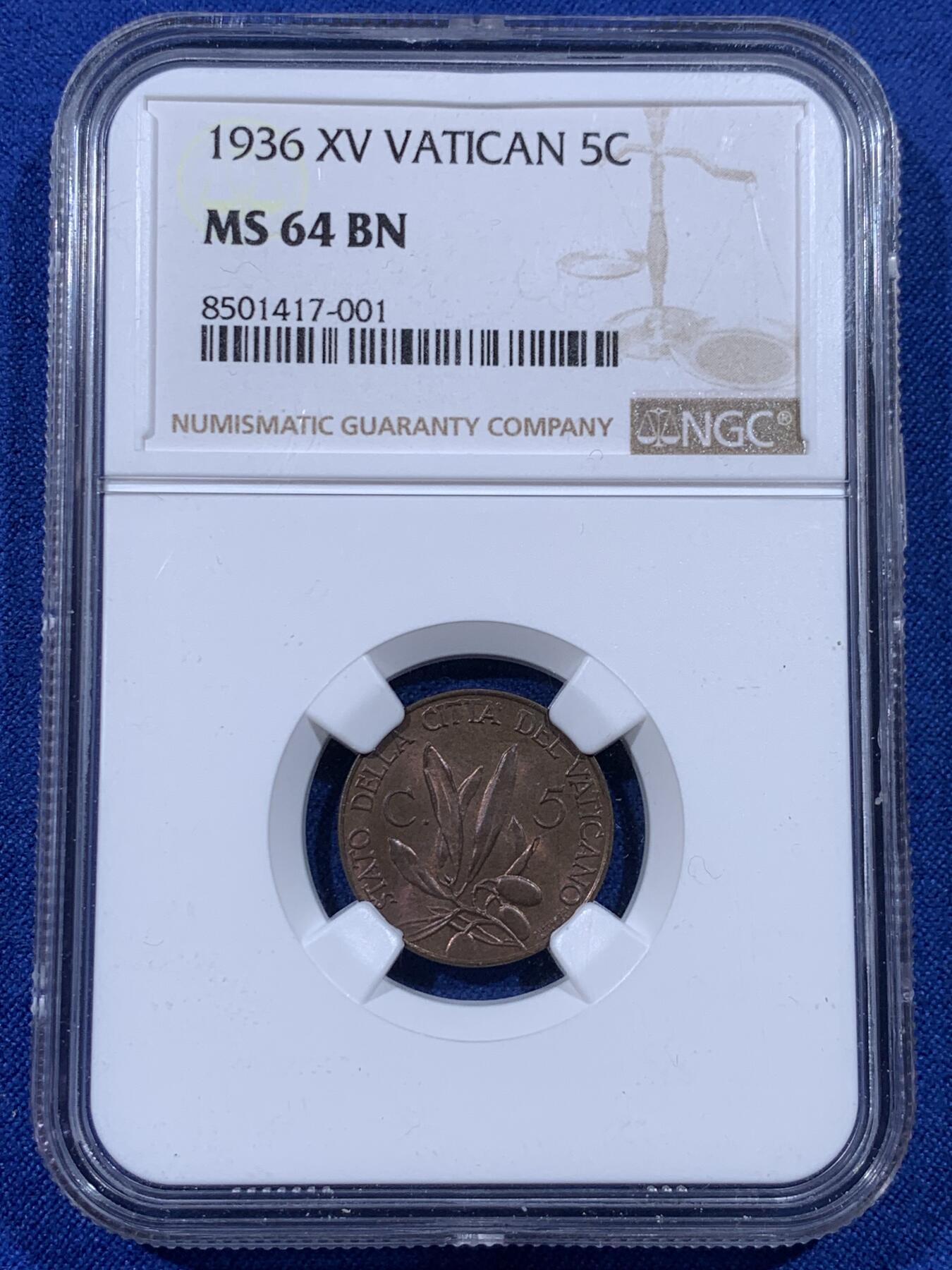 《竞宝斋》第436场 周日，周一2场连拍 （全场包邮） 两枚一组 NGC MS64BN 梵蒂冈 1936年 5分+10分铜币 同年同分 虽是辅币但依然制作精美