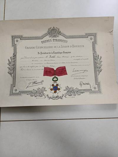 老王徽章第162期 - 法国人莱昂·诺埃尔（Léon Noël）的指挥官级比利时王冠勋章配用许可证书