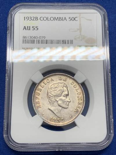 《竞宝斋》第436场 周日，周一2场连拍 （全场包邮） - NGC AU55 哥伦比亚1932年西蒙波利瓦头像50分银币 稀少品种 900银 12.5克