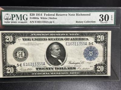 《外钞收藏家》第五百八十三期（精选场）（本期拍品丰富）（本平台长期征集拍品、欢迎藏友们联系合作） - 1914年美国大票幅20美元 PMG30E 无47靓号 火车和轮船