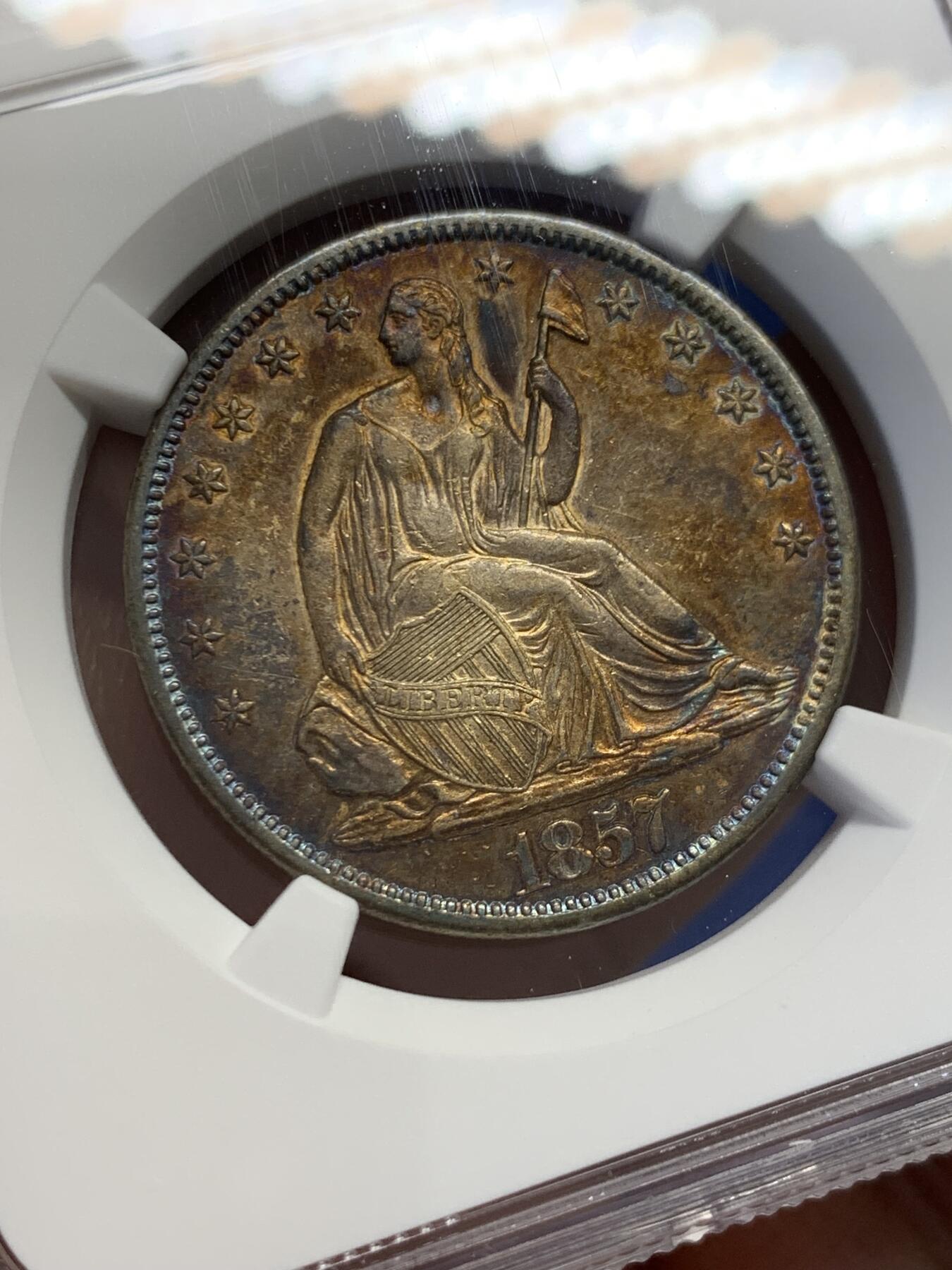 《竞宝斋》第436场 周日，周一2场连拍 （全场包邮） NGC AU53 美国1857年自由女神坐像半美元银币 900银 12.44克 稀少品种