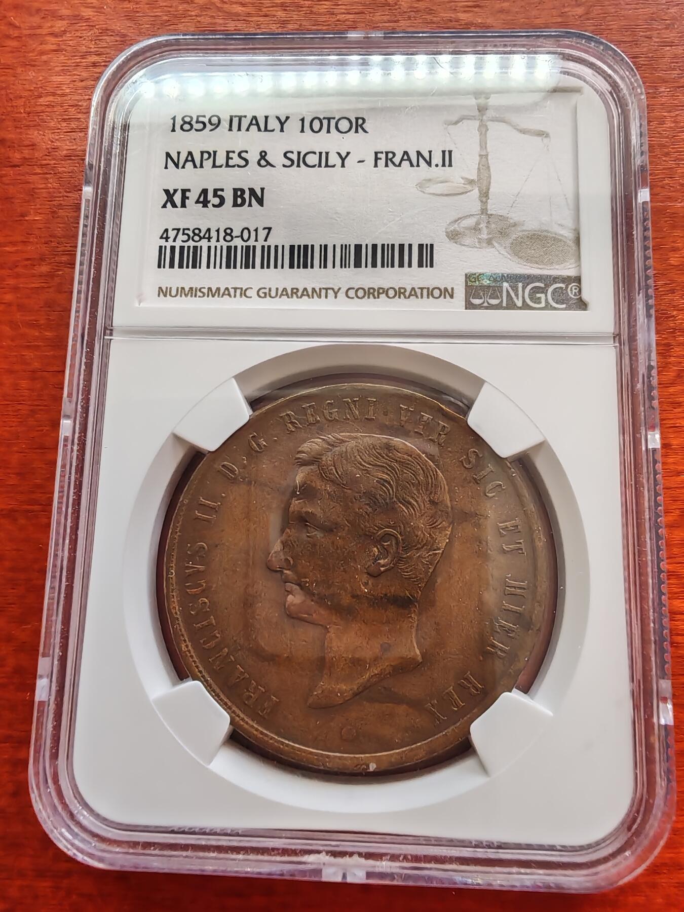 长老汇蛇年精选第七十二场拍卖 1859意大利那不勒斯弗朗西斯二世10托大铜币，NGC XF45BN，齿边压印向左少见