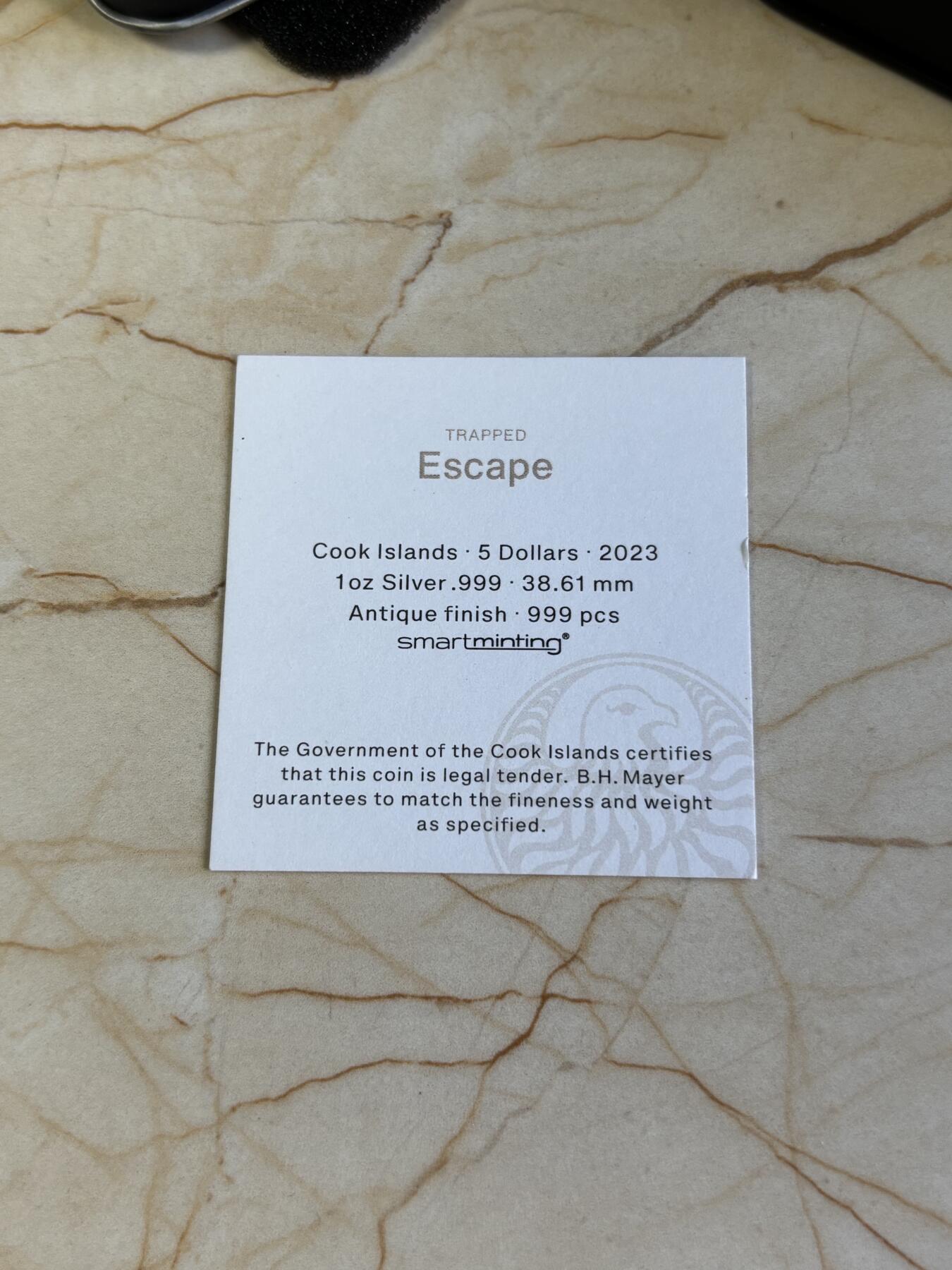 第181期拍卖 库克2023年迷茫和困境系列逃离1盎司纪念银币，999银，发行量999枚，外铁盒有稍微凹陷