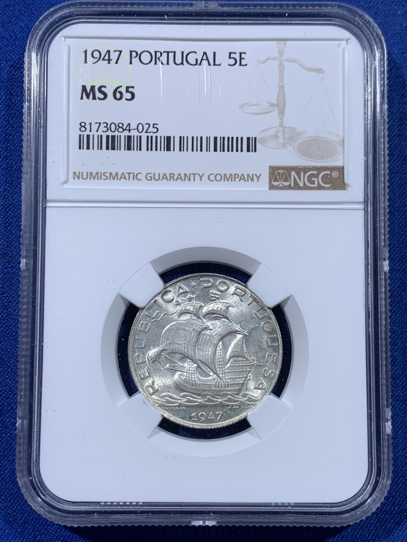 《竞宝斋》第436场 周日，周一2场连拍 （全场包邮） 三枚一组 NGC MS65/66 葡萄牙 1954/1947/1951年 帆船辅币 10/5/2.5埃斯库多银币