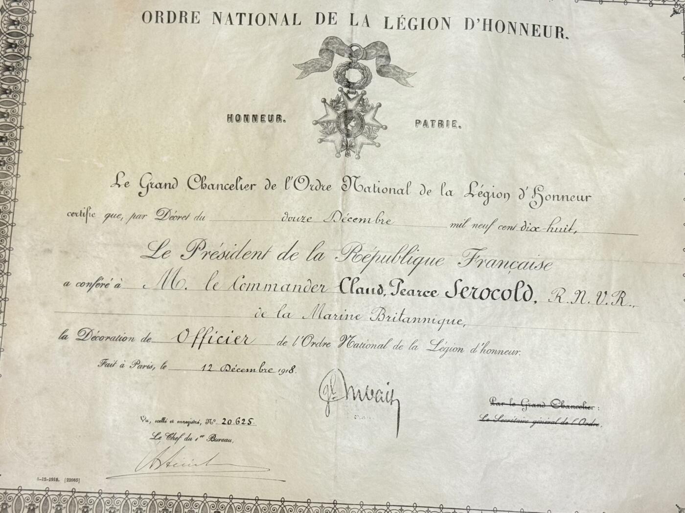 韵星假日精品2025秋季军品类拍卖会-- Rimey Holidays Boutique 2025 Autumn Militaria Sale 英国皇家海军军官奥罗科德的军官级荣誉军团勋章证书