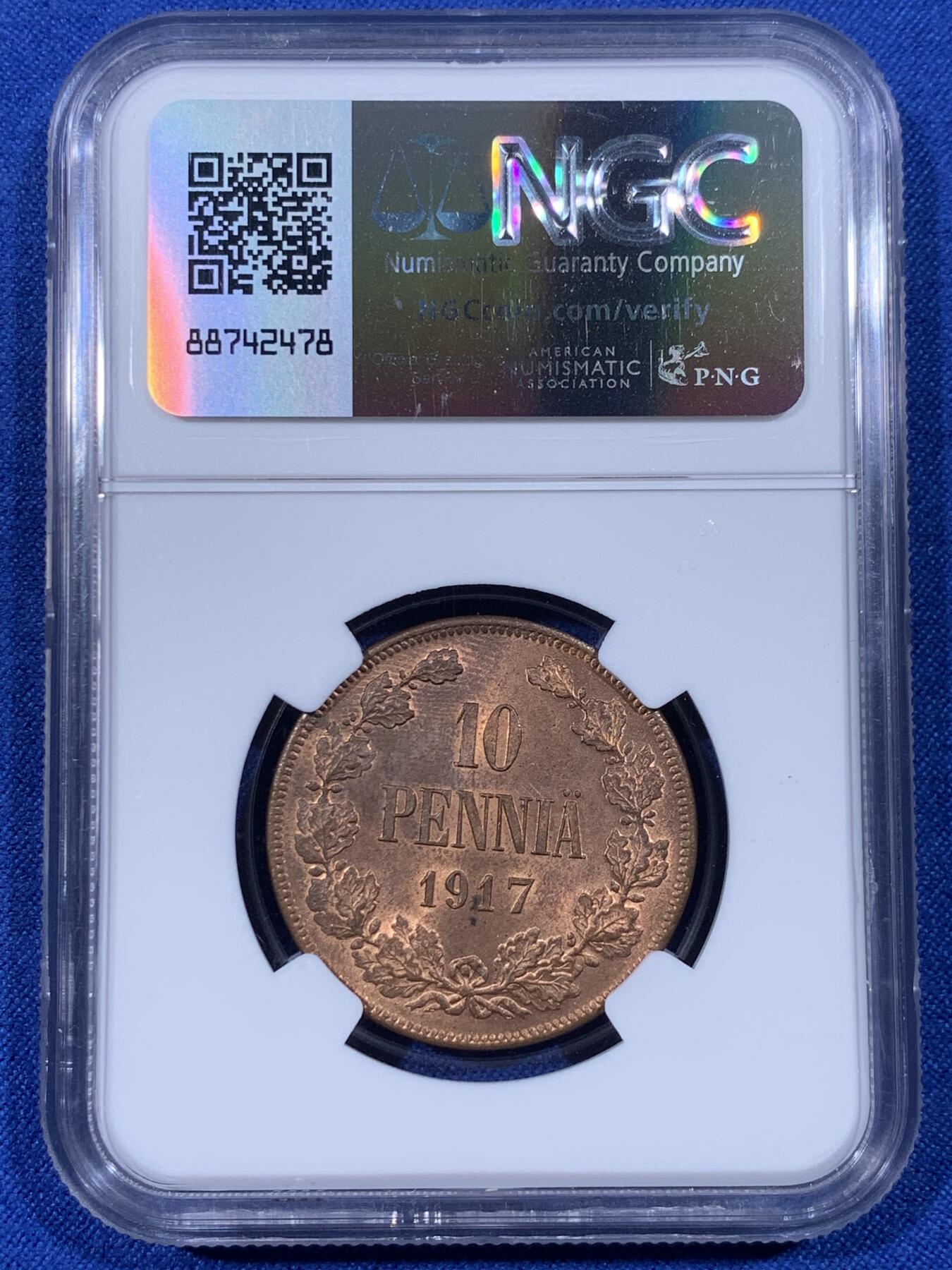 《竞宝斋》第436场 周日，周一2场连拍 （全场包邮） NGC MS64RB 芬兰1917年克伦斯基临时政府10P大铜币，一年型大铜，无冠双头鹰。64高分，RB铜光靓丽。竞宝斋此前64BN同品种355元不含佣成交