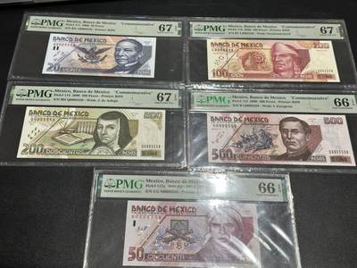 《外钞收藏家》第五百八十三期（精选场）（本期拍品丰富）（本平台长期征集拍品、欢迎藏友们联系合作） - 2000年墨西哥20-500比索 五张一起 千位号全同号5559 PMG66-67