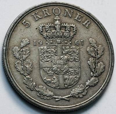 文馨钱币收藏第 280 场， 长期接收代拍品 - 好品 1961 年丹麦佛雷德里克九世国王 5 克朗，第一版