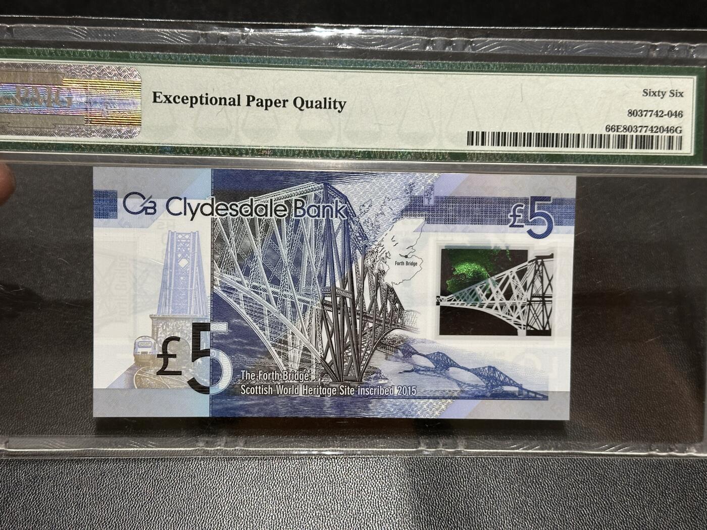 《外钞收藏家》第五百八十三期（精选场）（本期拍品丰富）（本平台长期征集拍品、欢迎藏友们联系合作） 2016年苏格兰克莱斯戴尔银行5镑 纪念钞 PMG66 首发冠