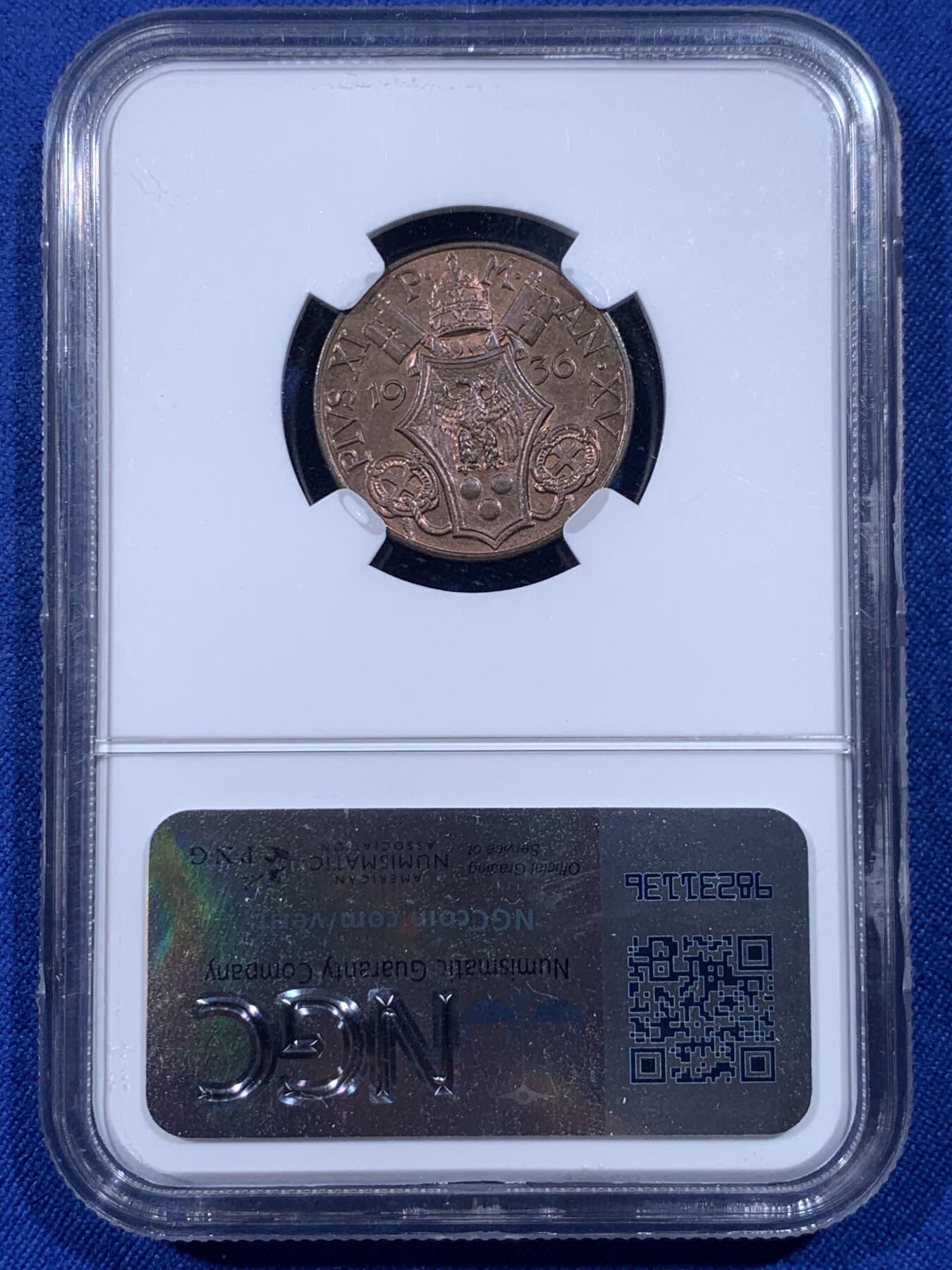 《竞宝斋》第436场 周日，周一2场连拍 （全场包邮） 两枚一组 NGC MS64BN 梵蒂冈 1936年 5分+10分铜币 同年同分 虽是辅币但依然制作精美