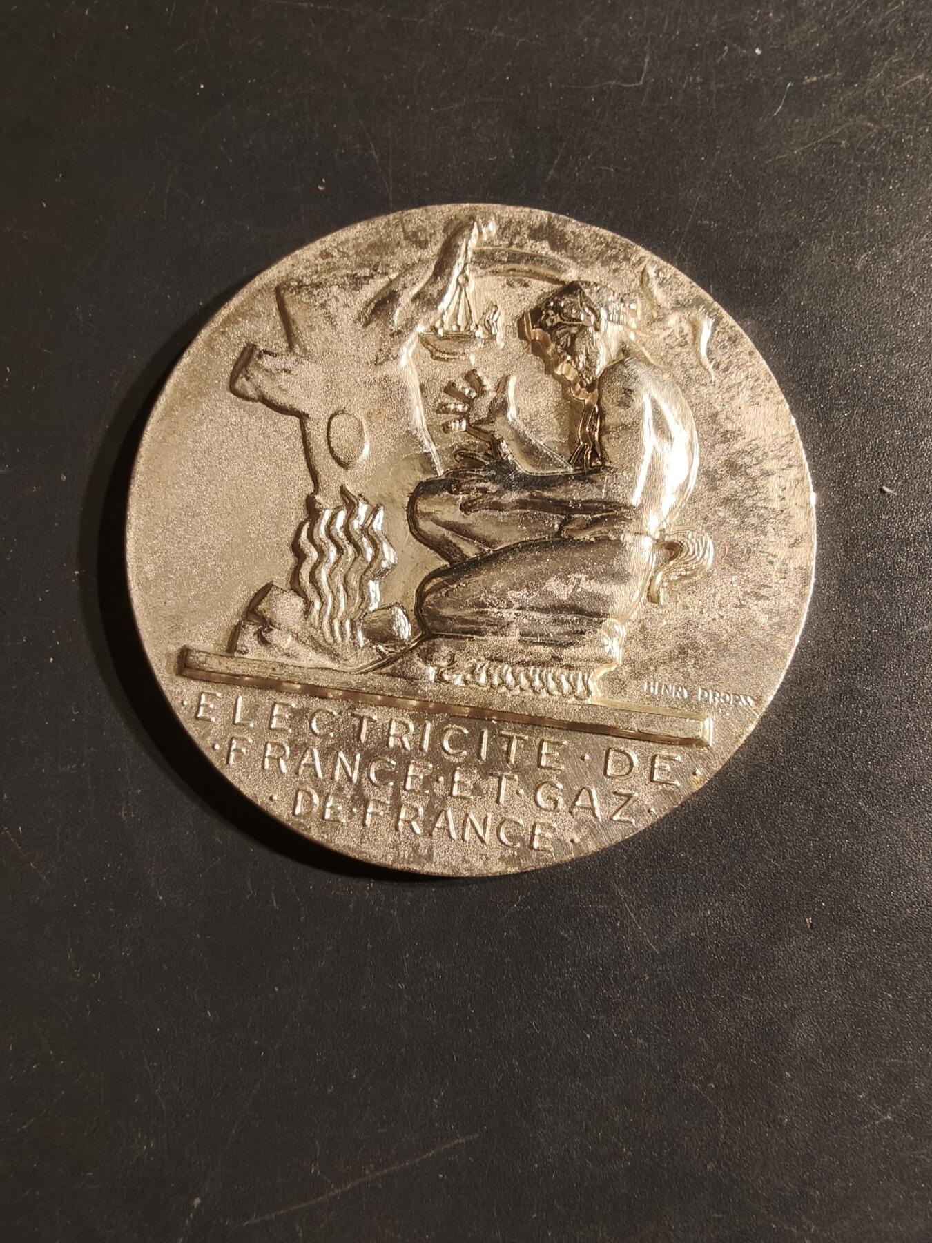 老王徽章第162期  法国电气公司镀银大铜章    大师Dropsy作品    直径54mm.    重量70.6g