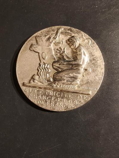 老王徽章第162期 -  法国电气公司镀银大铜章    大师Dropsy作品    直径54mm.    重量70.6g