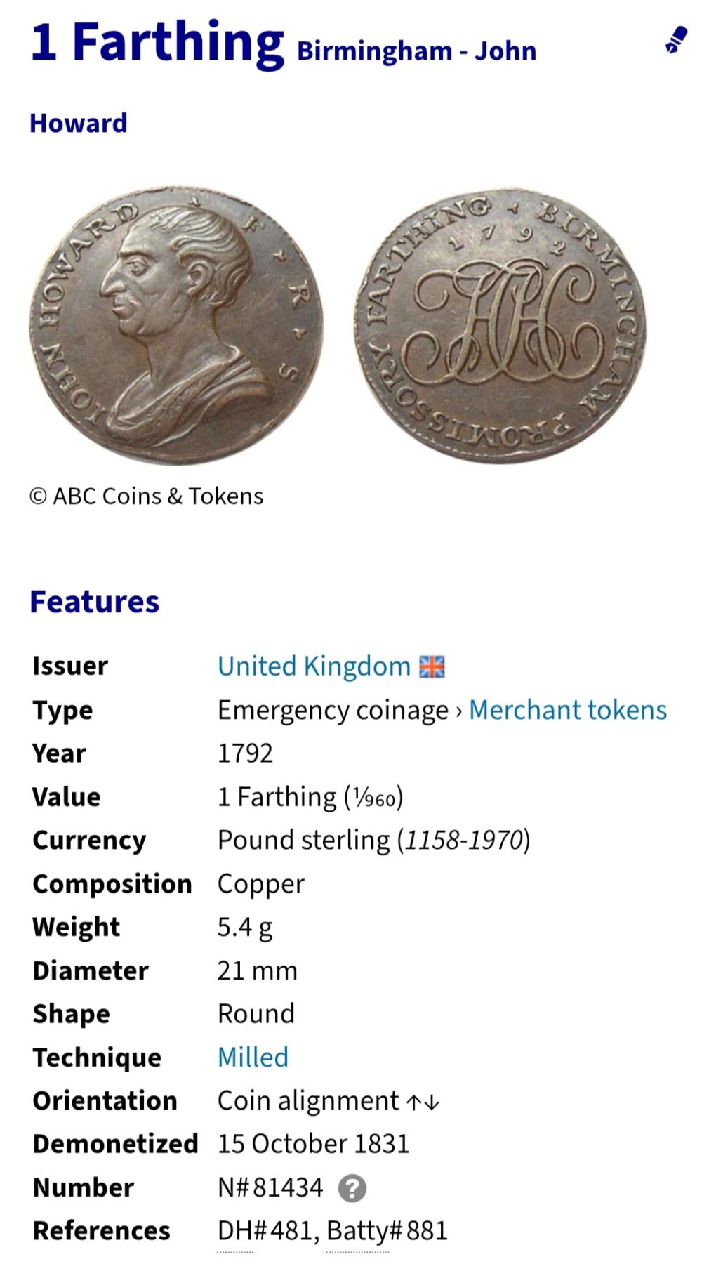 2025年第一百二十六场(总第一百五十二场）外国好品散币(免佣金) 稀少品种代币–英国🇬🇧1792单年份1法新代币(沃里克郡伯明翰，零售业经销商亨利·希克曼发行，人物头像为英国著名慈善家、监狱专家约翰·霍华德 )