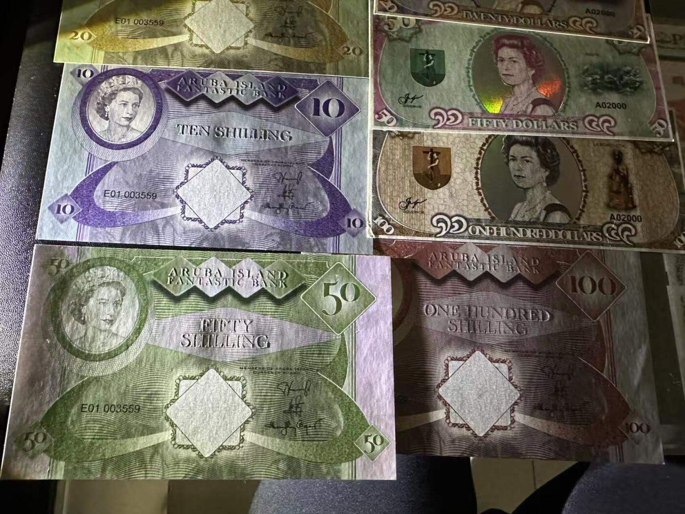 《外钞收藏家》第五百八十三期（精选场）（本期拍品丰富）（本平台长期征集拍品、欢迎藏友们联系合作） 蒙特塞拉特岛 1 5 10 20 50 100 6张同号塑料钞商业钞+阿鲁巴商业钞5张+pmg仿品2个一起