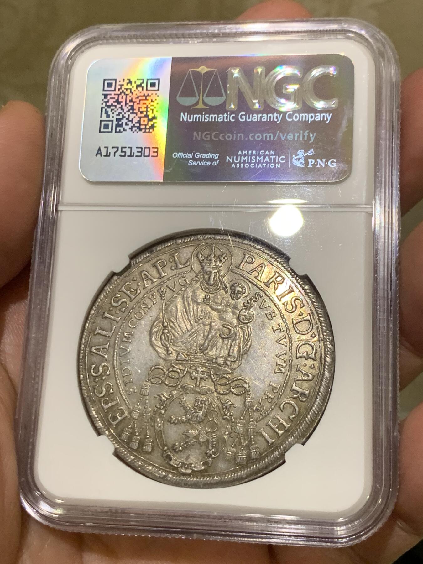 《竞宝斋》第436场 周日，周一2场连拍 （全场包邮） 唯一亚军分 NGC MS61 神圣罗马帝国 1644年 萨尔茨堡抱婴泰勒大银币 深打 反正面人物全脸 包浆也同样漂亮