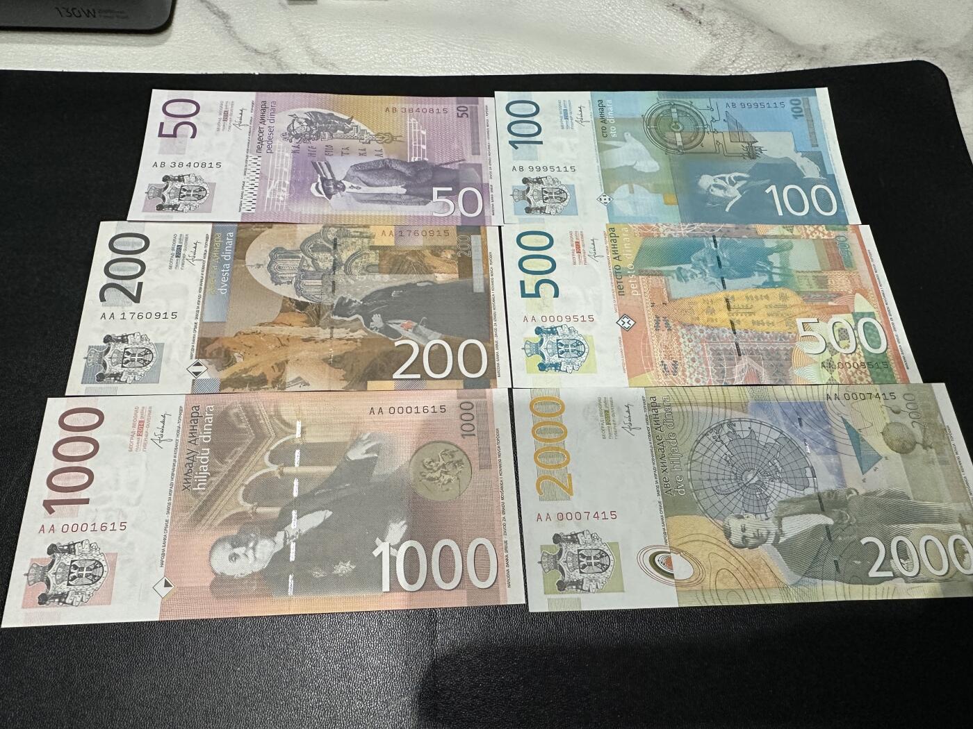 《外钞收藏家》第五百八十三期（精选场）（本期拍品丰富）（本平台长期征集拍品、欢迎藏友们联系合作） 2014年塞尔维亚50-2000第纳尔 六张一起 全新UNC 尾两同15 有千位号 AA冠