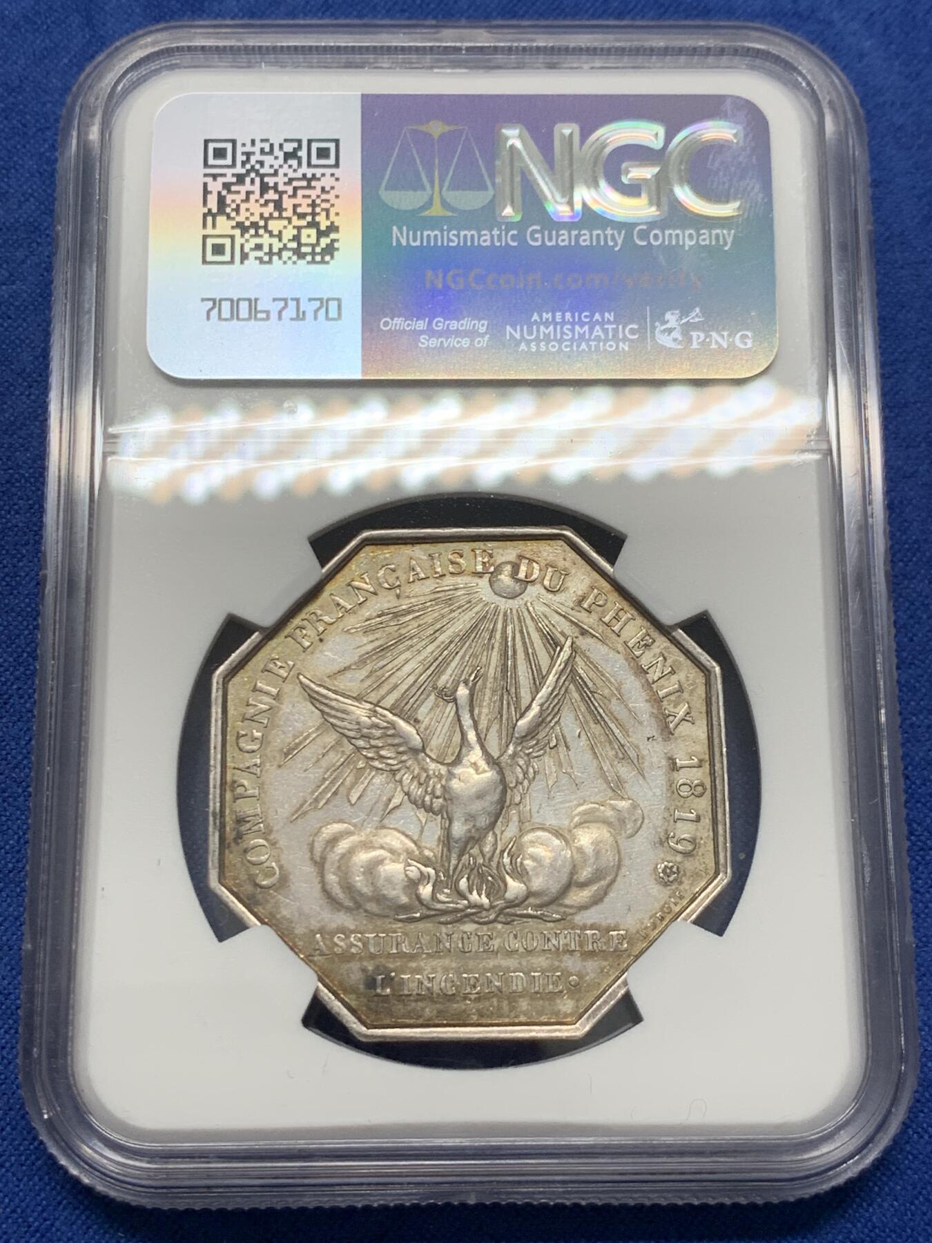 《竞宝斋》第436场 周日，周一2场连拍 （全场包邮） NGC MS61 法国1819路易十八凤凰火灾保险公司八角银质代币，少见版本，出分不易，且玩且珍惜。