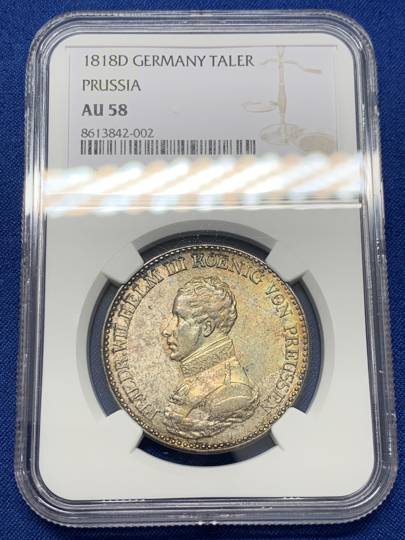 《竞宝斋》第436场 周日，周一2场连拍 （全场包邮） NGC AU58 德国普鲁士 1818年 威廉三世鹰炮泰勒 币面压力十足 完美转光感 难得好品