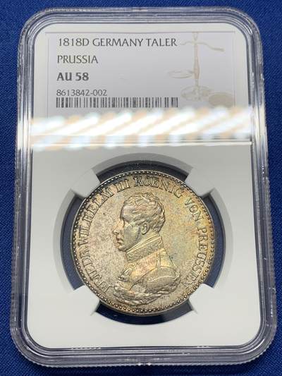《竞宝斋》第436场 周日，周一2场连拍 （全场包邮） - NGC AU58 德国普鲁士 1818年 威廉三世鹰炮泰勒 币面压力十足 完美转光感 难得好品