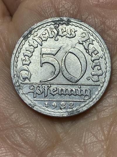 2025年第一百二十六场(总第一百五十二场）外国好品散币(免佣金) - 德意志魏玛共和国1922年50芬尼(J标，汉堡造，关门年)