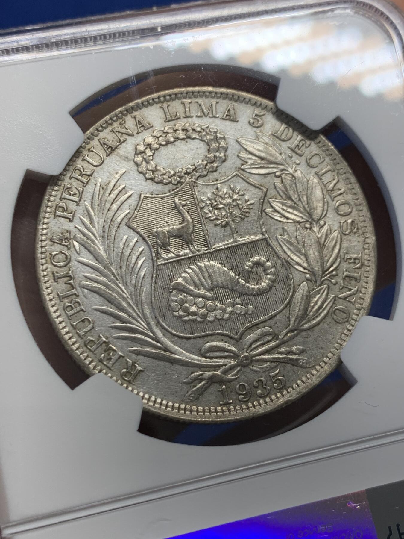 《竞宝斋》第436场 周日，周一2场连拍 （全场包邮） NGC AUD 秘鲁 1935年 女神 1索尔 银币