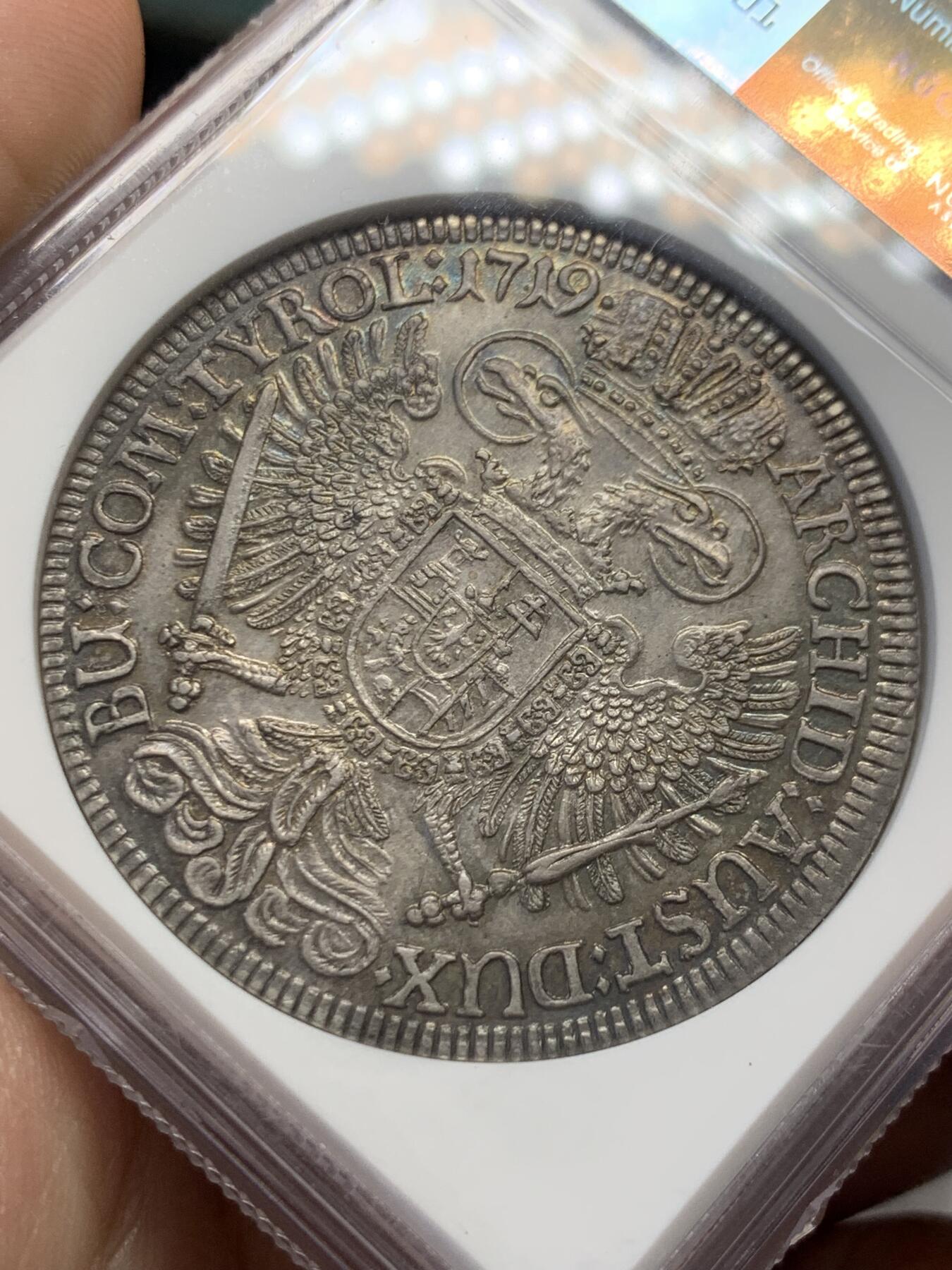 《竞宝斋》第436场 周日，周一2场连拍 （全场包邮） 亚军分 NGC MS63 神圣罗马帝国 1719年 卡尔六世 泰勒大银币 细节好 原味包浆 热门大波浪