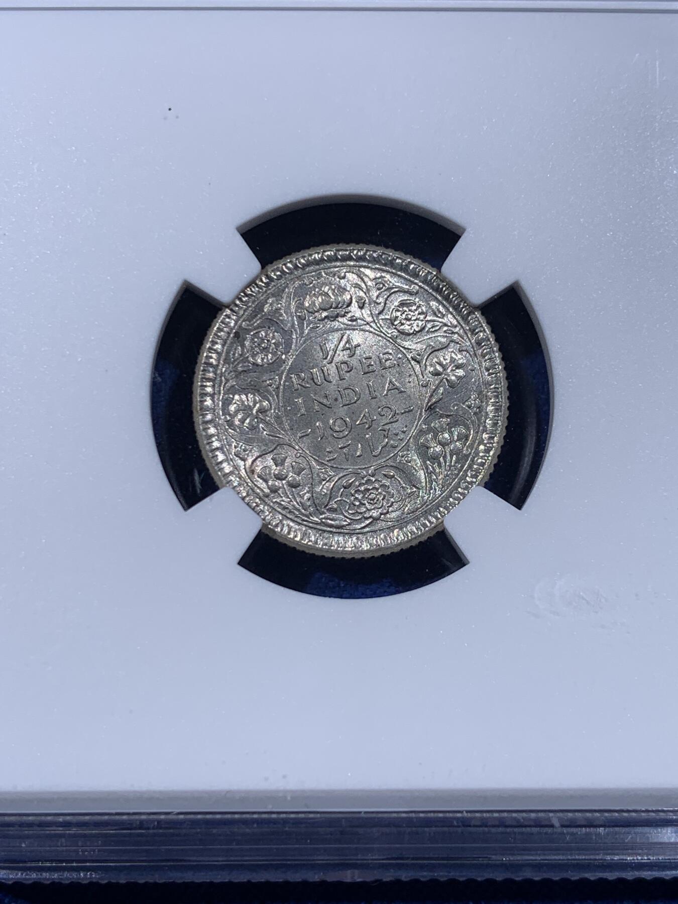 《竞宝斋》第436场 周日，周一2场连拍 （全场包邮） NGC MS64 英属印度1942年乔治六世1/4卢比银币 卷拆原光