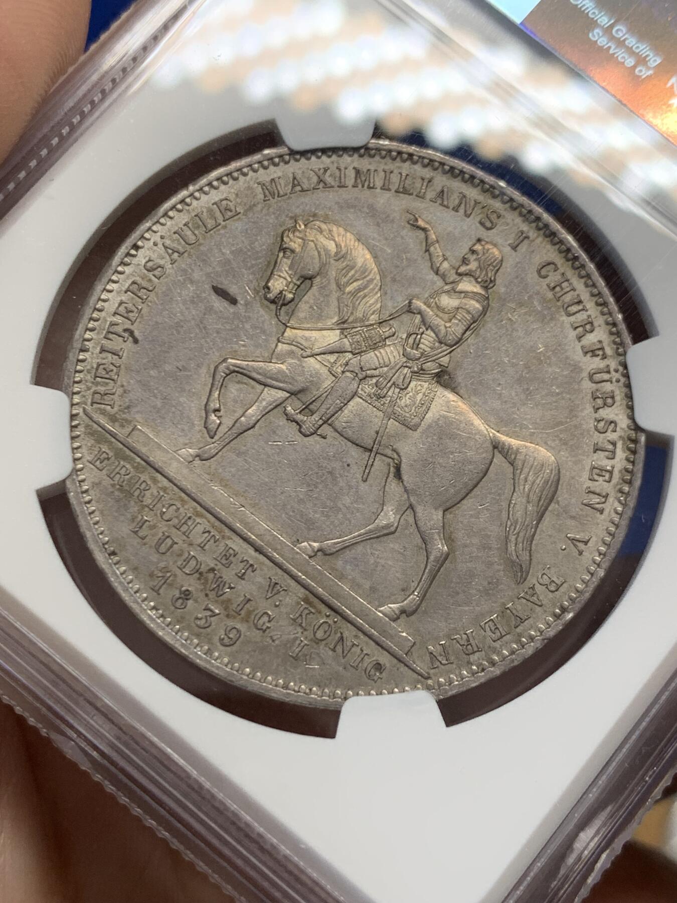 《竞宝斋》第436场 周日，周一2场连拍 （全场包邮） NGC MS61 德国1839年巴伐利亚路德维希一世选帝侯纪念2泰勒 名誉品种 包浆很好 有些低评了
