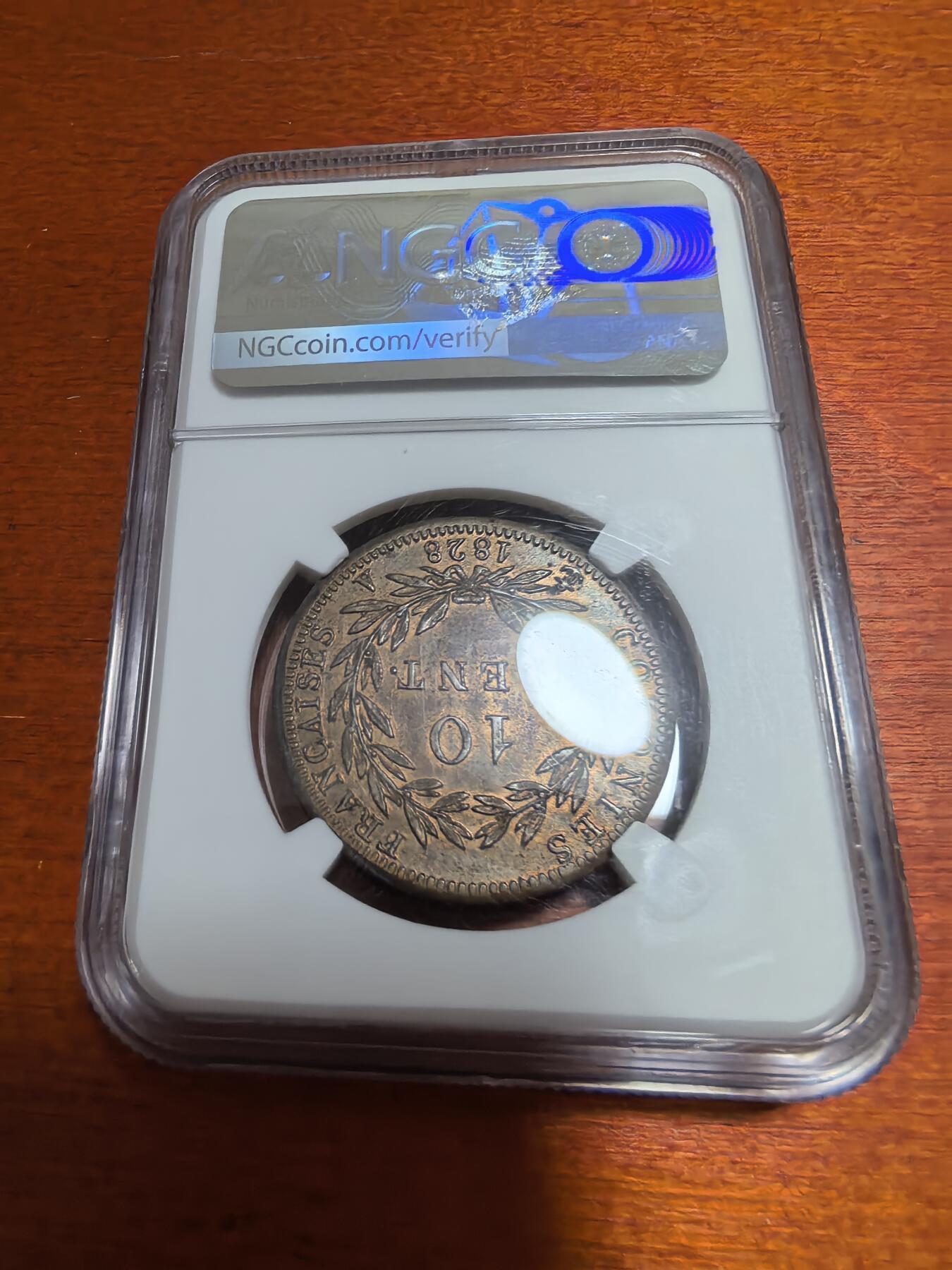 长老汇蛇年精选第七十二场拍卖 1828A 法国殖民地查尔斯十世10分铜币，NGC MS62BN，更高4枚。仅流通于法属西印度群岛