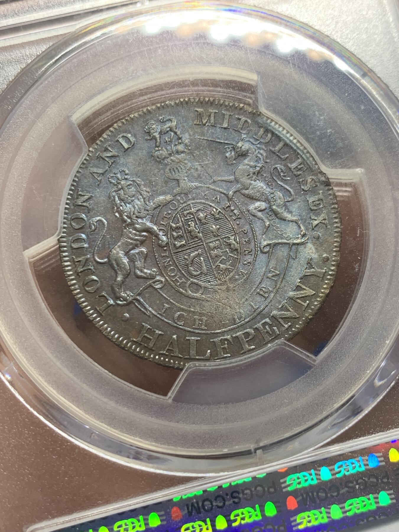 《竞宝斋》第436场 周日，周一2场连拍 （全场包邮） PCGS MS63BN 英国1790年 乔治四世-威尔士亲王1/2便士，背面是代表王储的盾徽，双面靛紫色包浆特别漂亮。Middlesex 区域使用。非常少见。