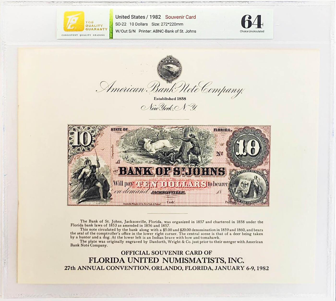 《外钞收藏家》第五百八十三期（精选场）（本期拍品丰富）（本平台长期征集拍品、欢迎藏友们联系合作） 1982年 美国钞票公司(ABNC)印制 10美元 雕刻版票样纪念卡 原版纸币1859-1860 年间由美国佛罗里达州圣约翰斯银行（The Bank of St. Johns）发行流通 该雕刻版票样纪念卡为百年原钞母版印制（非普通平面印刷） 并限量发行 背面为美钞公司总裁认证签名 乃高价原版老美钞收藏欣赏之平替