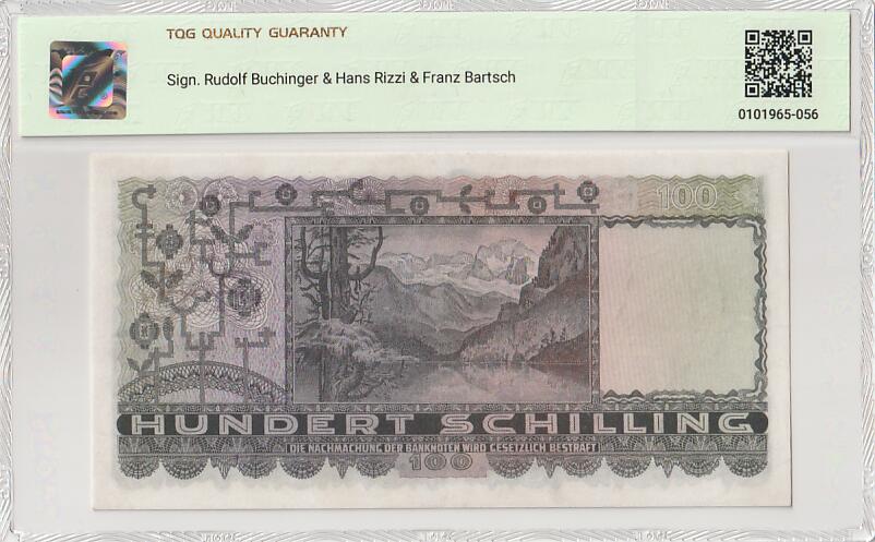 2025十一月第三期，总201期 奥地利1947版100先令TQG53分，稀有的战后初期高面值品种，经典的阿尔卑斯山区女性肖像和山间湖泊