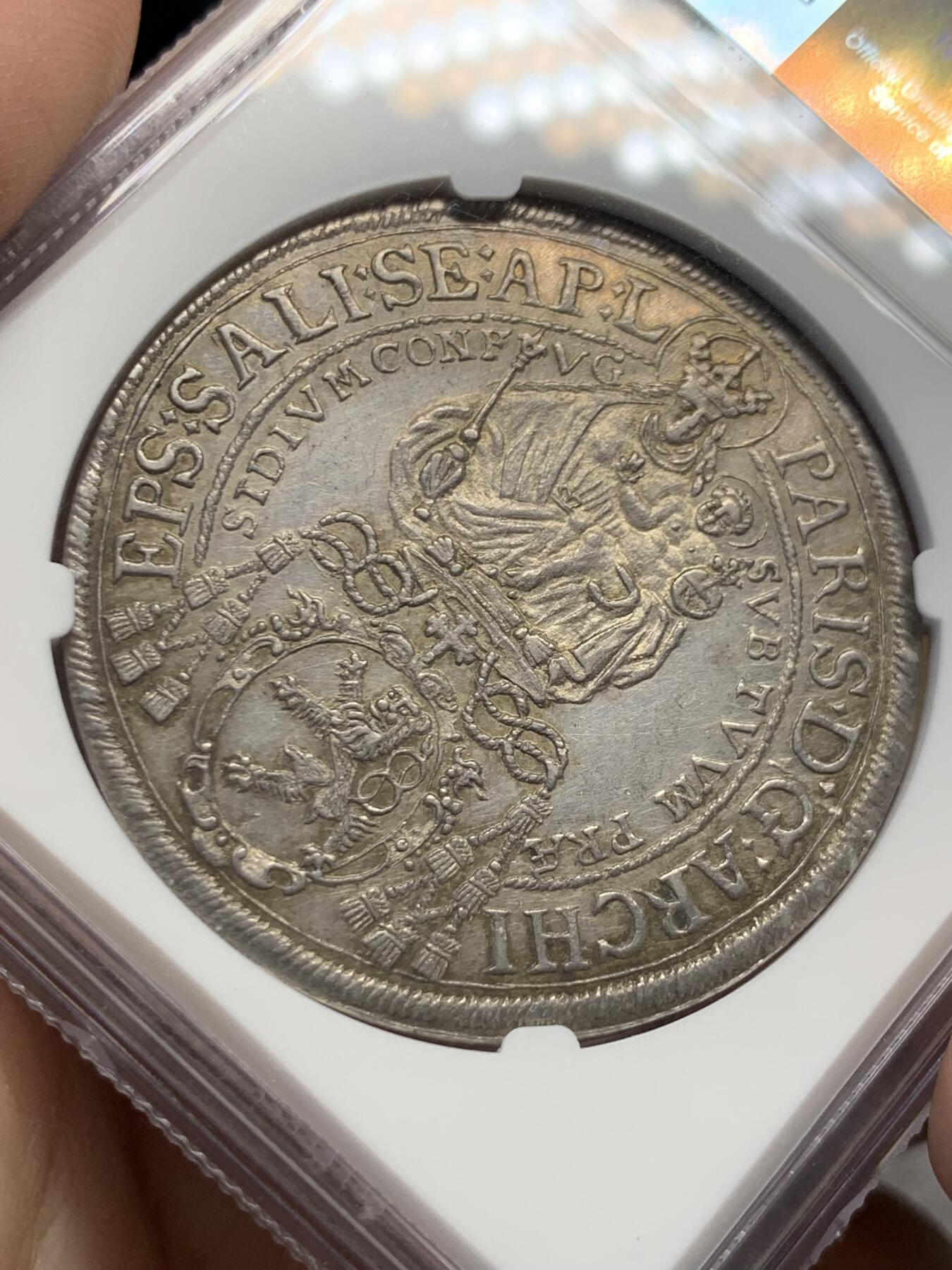 《竞宝斋》第436场 周日，周一2场连拍 （全场包邮） 唯一亚军分 NGC MS61 神圣罗马帝国 1644年 萨尔茨堡抱婴泰勒大银币 深打 反正面人物全脸 包浆也同样漂亮