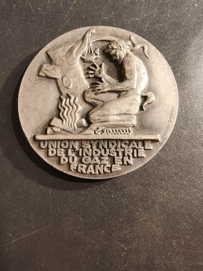 老王徽章第162期 -  法国电气公司镀银大铜章 大师Dropsy作品 直径54mm. 重量80g