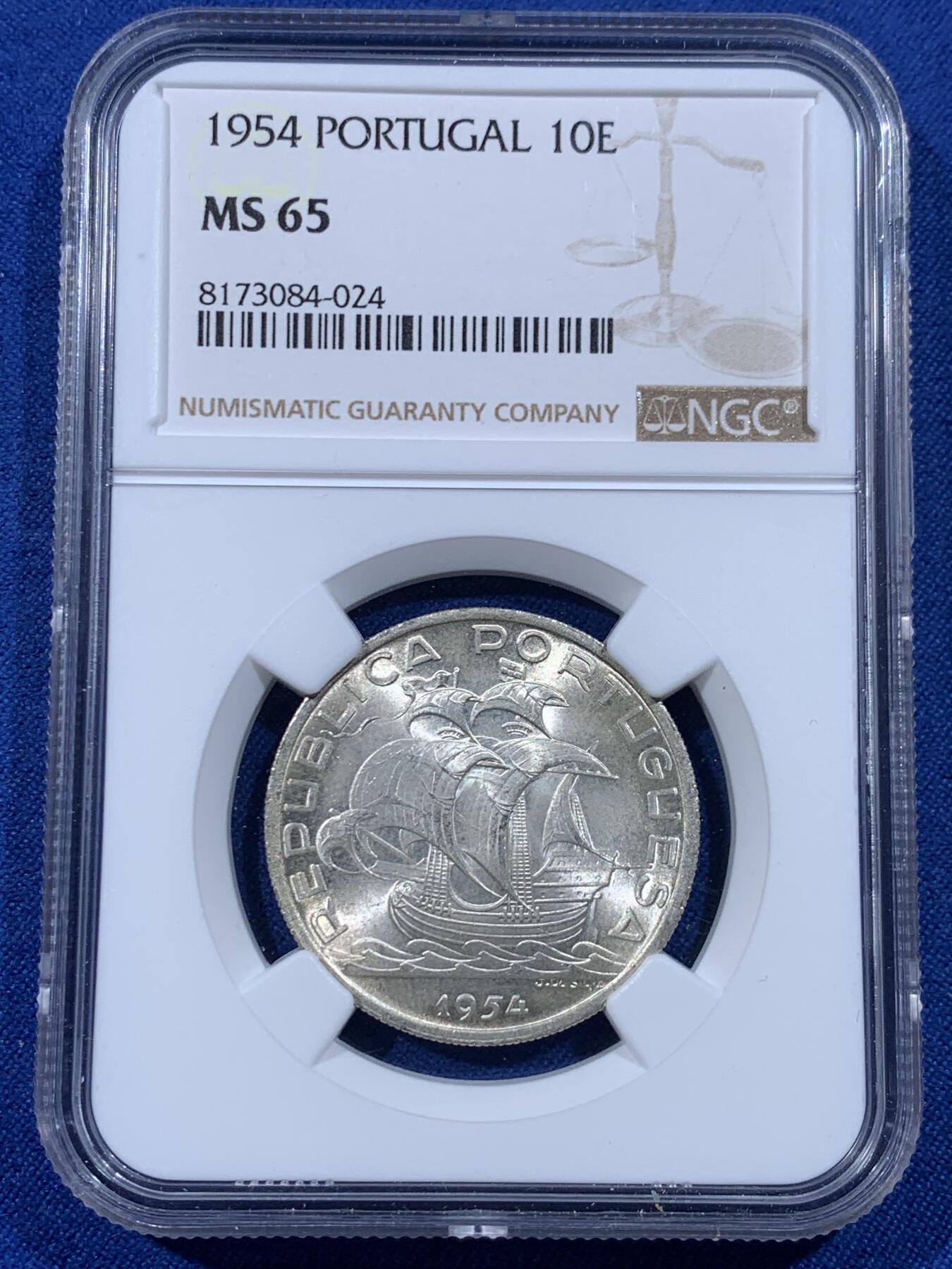 《竞宝斋》第436场 周日，周一2场连拍 （全场包邮） 三枚一组 NGC MS65/66 葡萄牙 1954/1947/1951年 帆船辅币 10/5/2.5埃斯库多银币