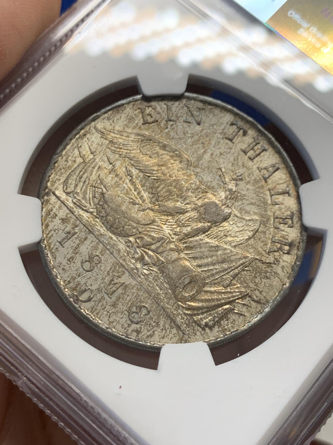 《竞宝斋》第436场 周日，周一2场连拍 （全场包邮） NGC AU58 德国普鲁士 1818年 威廉三世鹰炮泰勒 币面压力十足 完美转光感 难得好品