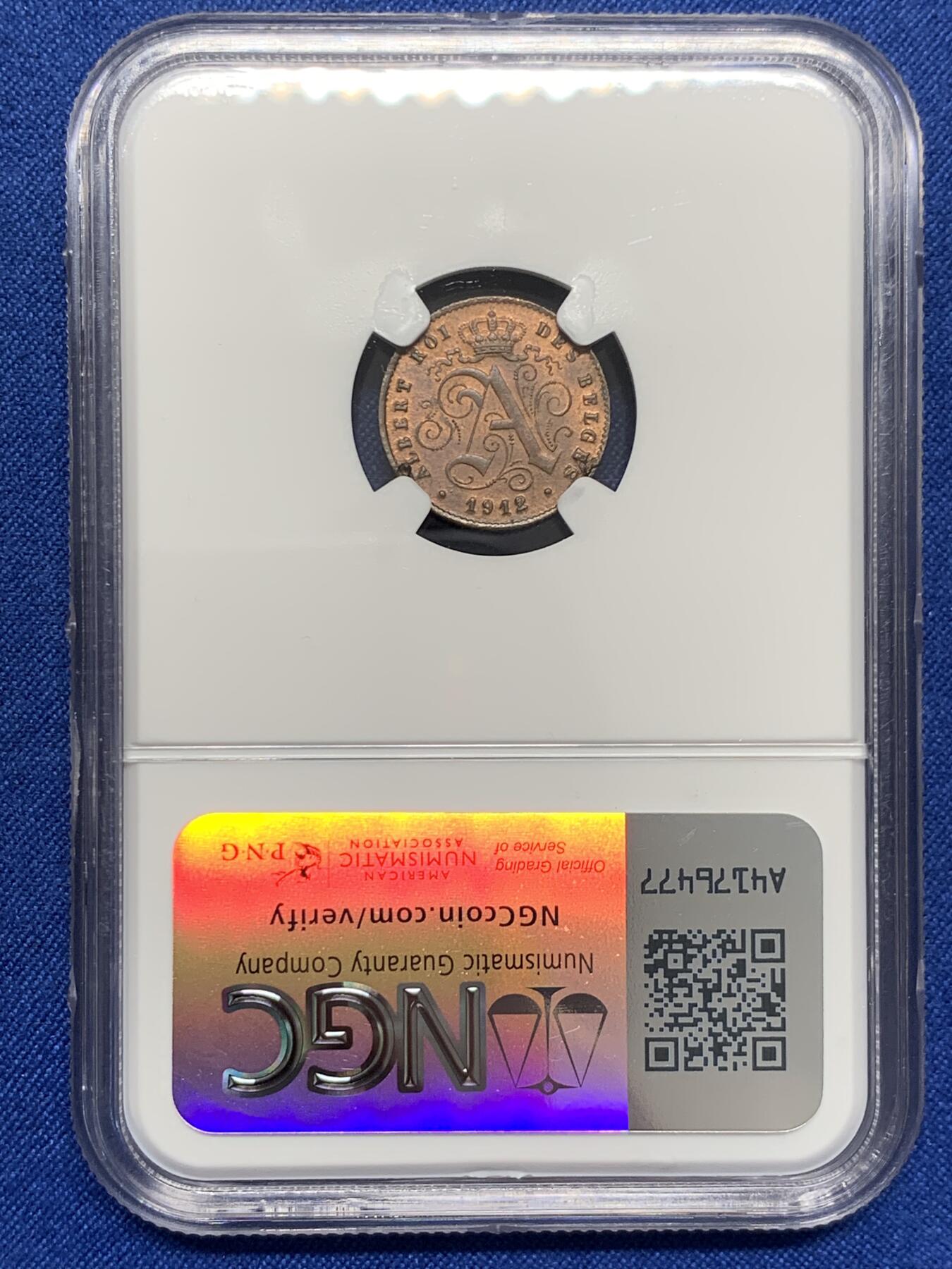 《竞宝斋》第436场 周日，周一2场连拍 （全场包邮） NGC MS63RB 比利时 1912年 狮子 1分 铜币 少见红光早期铜币 比利时经典品种