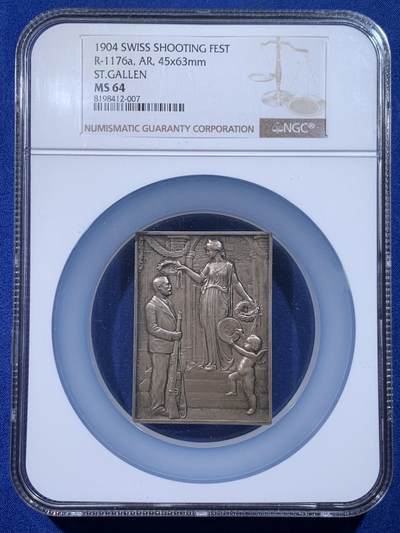 《竞宝斋》第436场 周日，周一2场连拍 （全场包邮） - NGC MS64 瑞士1904年圣加伦射击节银章，45x63mm，加大加厚盒。