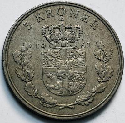 文馨钱币收藏第 280 场， 长期接收代拍品 - 好品 1961 年丹麦佛雷德里克九世国王 5 克朗，第一版