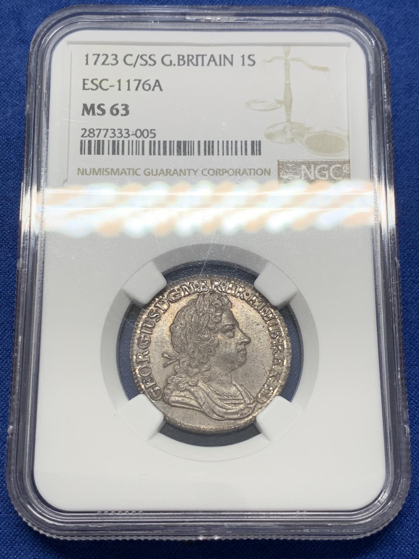 《竞宝斋》第436场 周日，周一2场连拍 （全场包邮） NGC MS63 英国 1723年 乔治一世SSC一先令银币 原味深包浆 高点清晰 难得状态